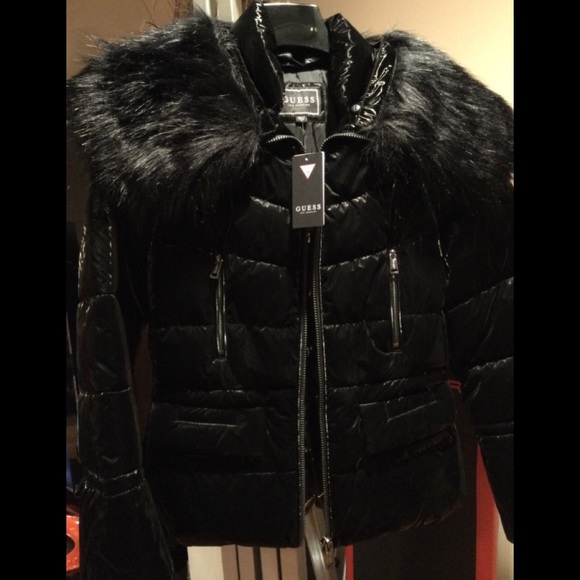 Guess Shiny Puffer Jacket Fur Collar Black S - Picture 3 of 14